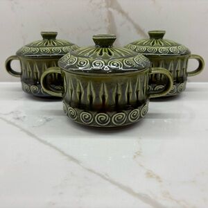 3 Vintage MCM Royal Sealy Japan Green Spiral Textured Soup Bowls with Lids Rare